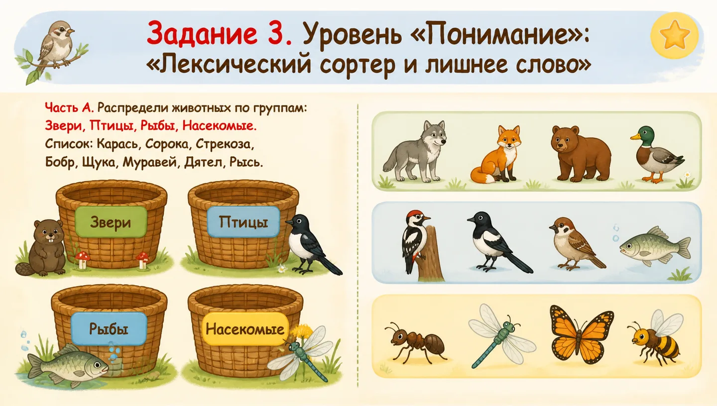 Задание 3. Уровень «Понимание»: «Лексический сортер и лишнее слово»