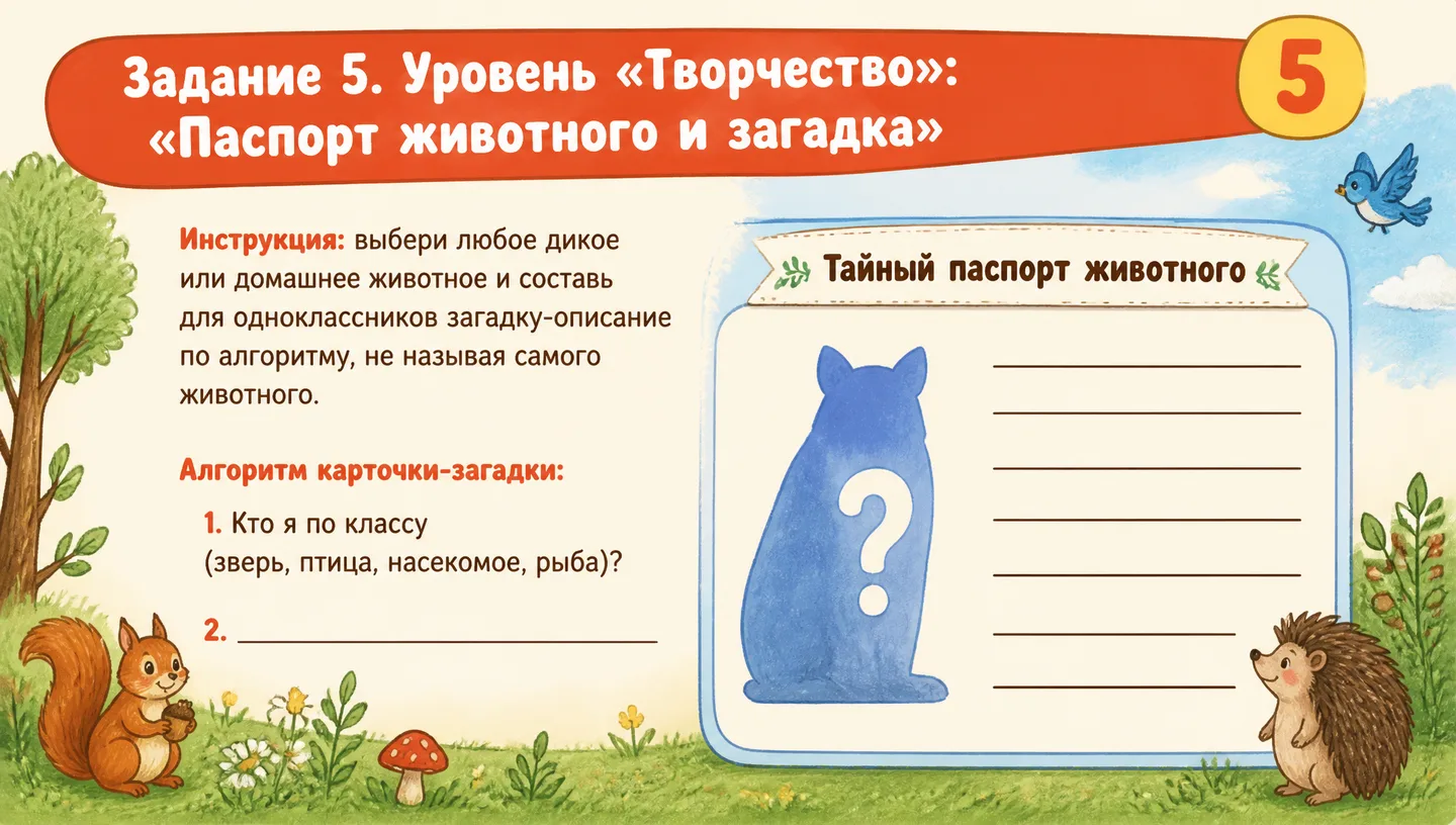Задание 5. Уровень «Творчество»: «Паспорт животного и загадка»