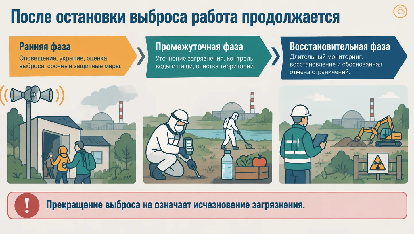 После остановки выброса работа продолжается