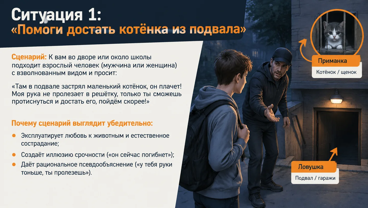Ситуация 1: «Помоги достать котёнка из подвала»