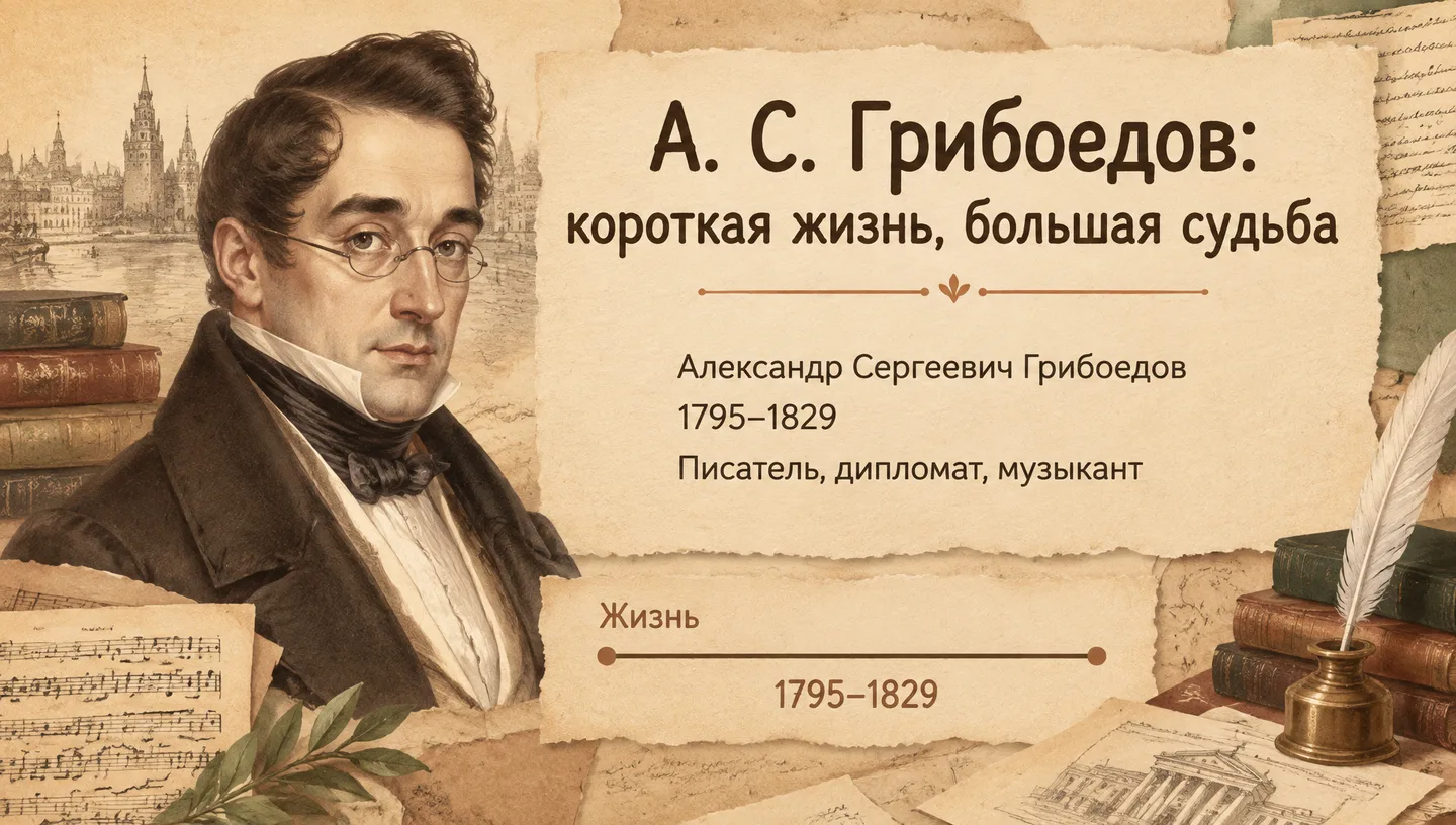 Первый слайд: А. С. Грибоедов: короткая жизнь, большая судьба