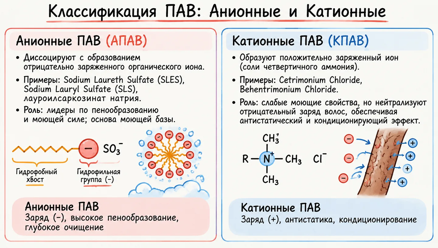Классификация ПАВ: Анионные и Катионные
