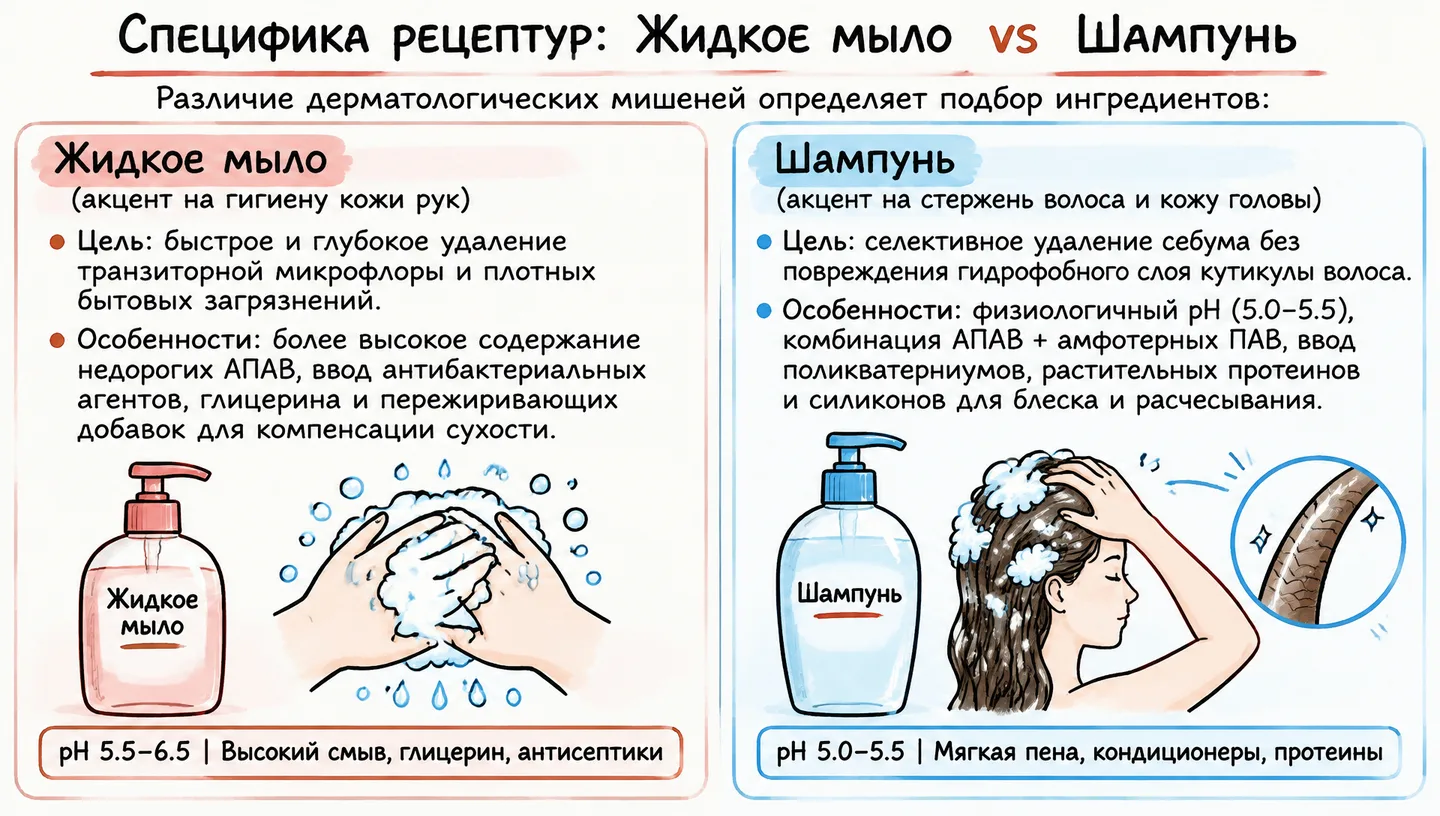 Специфика рецептур: Жидкое мыло vs Шампунь