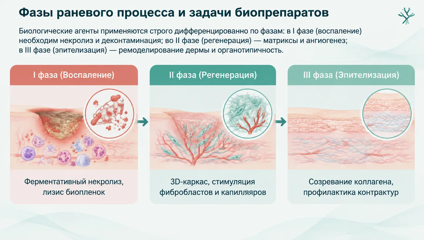 Фазы раневого процесса и задачи биопрепаратов