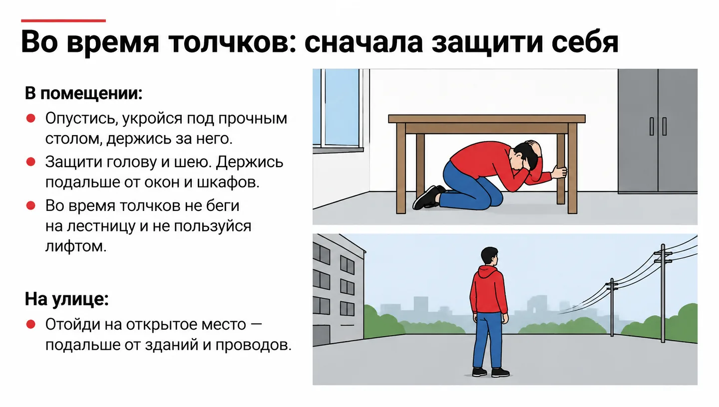 Во время толчков: сначала защити себя