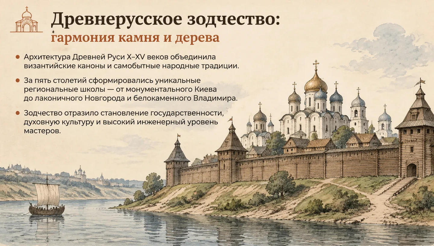 Первый слайд: Древнерусское зодчество: гармония камня и дерева