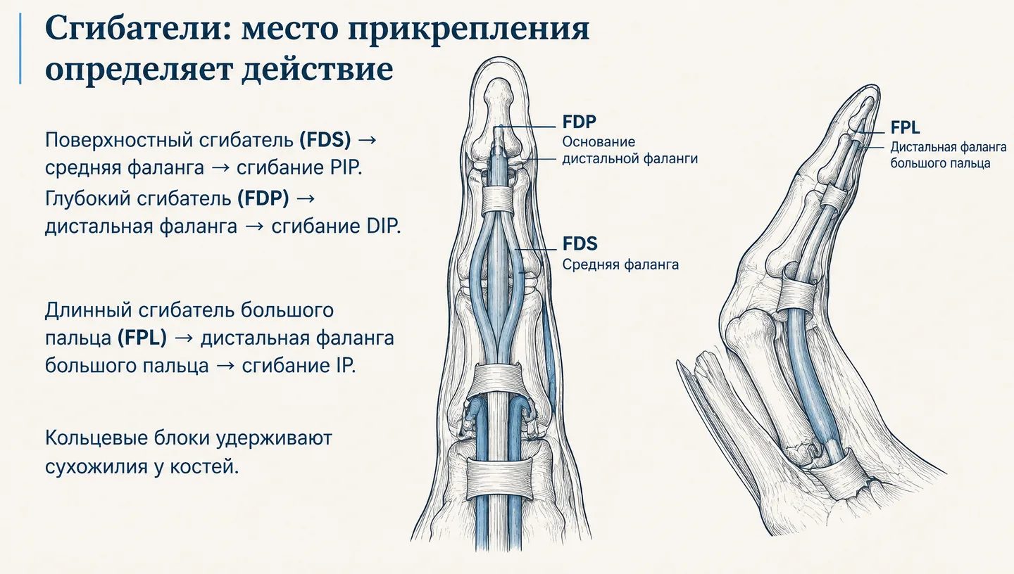 Сгибатели: место прикрепления определяет действие