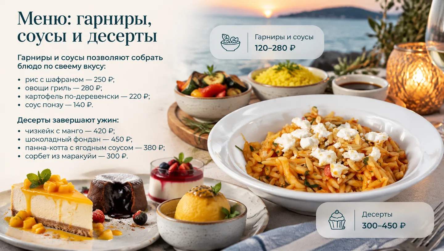 Меню: гарниры, соусы и десерты