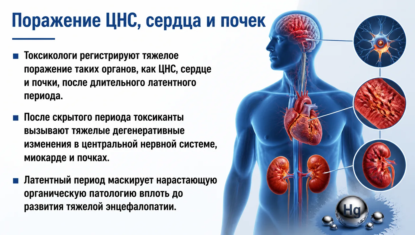 Поражение ЦНС, сердца и почек