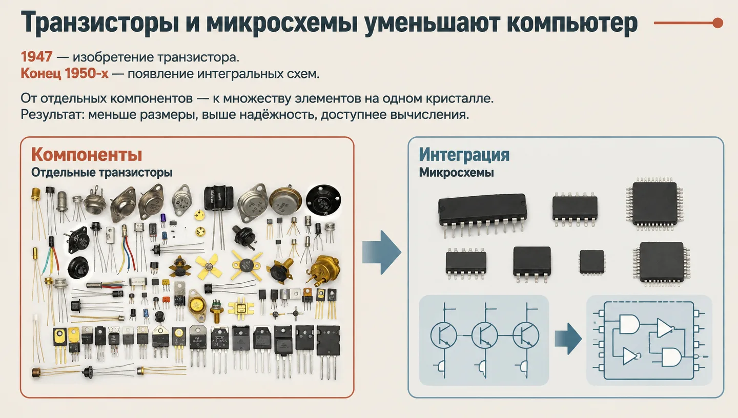 Транзисторы и микросхемы уменьшают компьютер