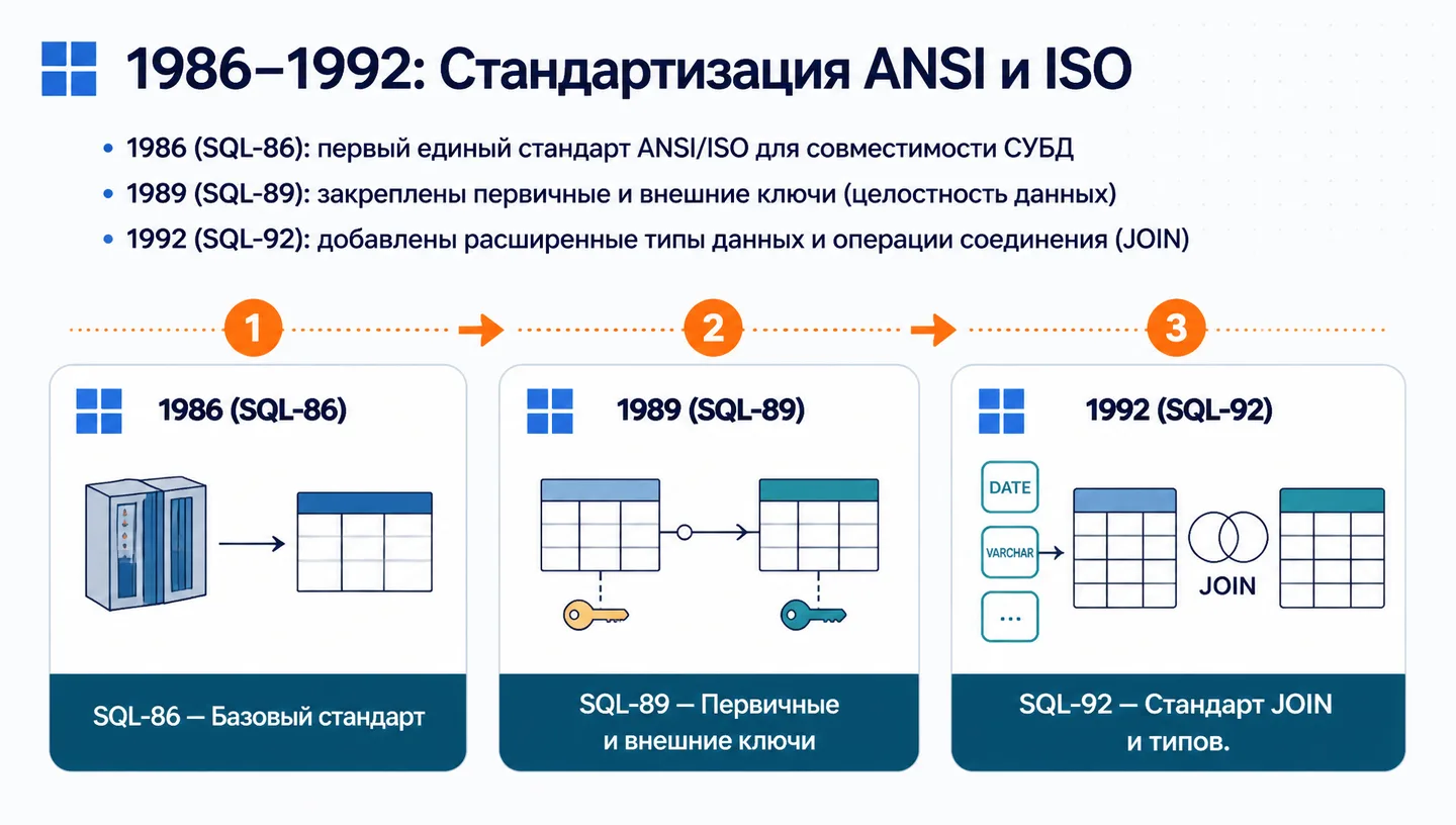 1986–1992: Стандартизация ANSI и ISO