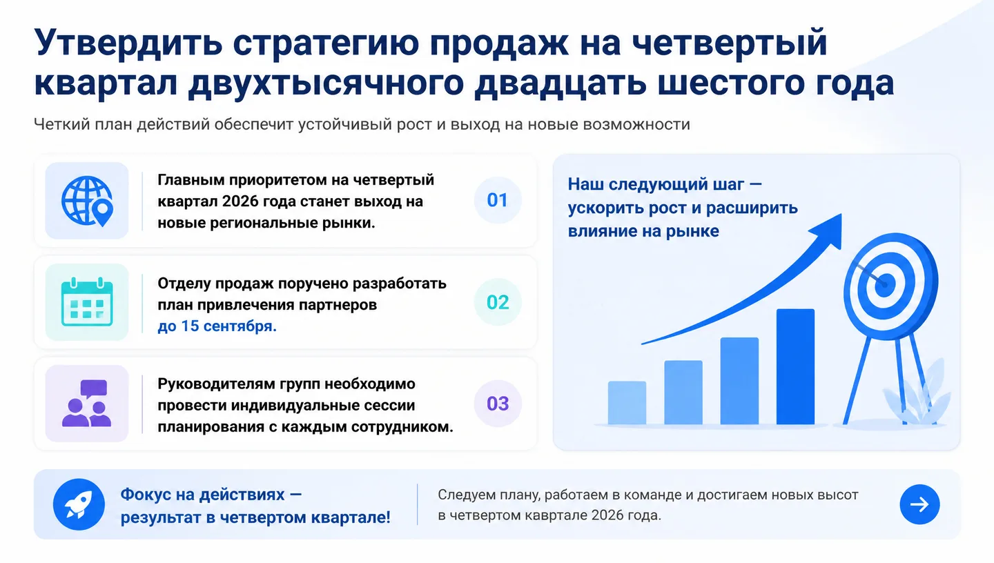 Утвердить стратегию продаж на четвертый квартал двухтысячного двадцать шестого года