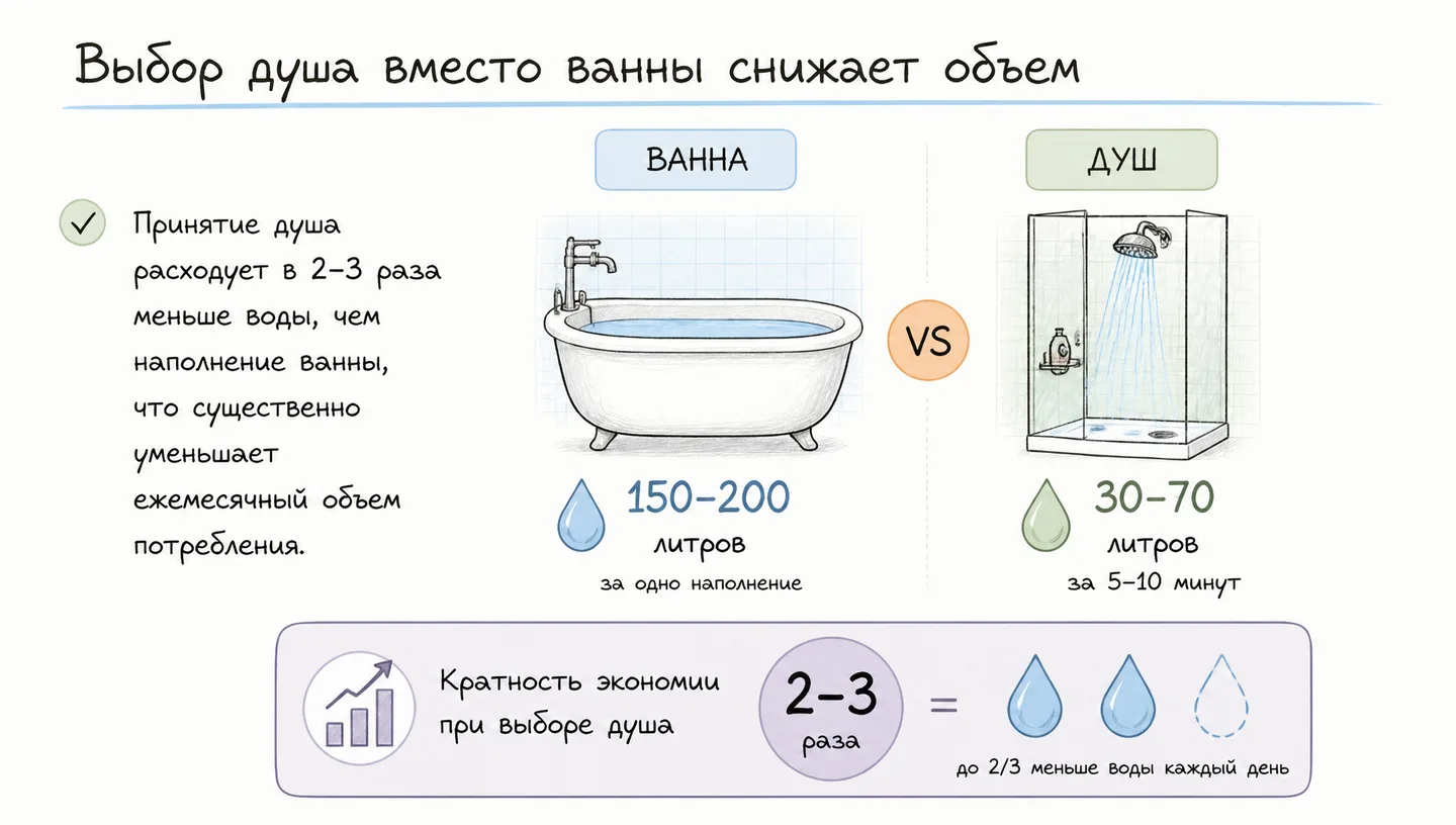 Выбор душа вместо ванны снижает объем