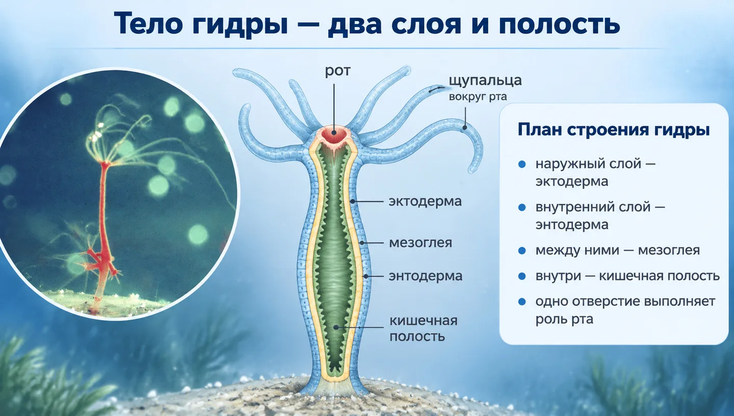 Тело гидры — два слоя и полость