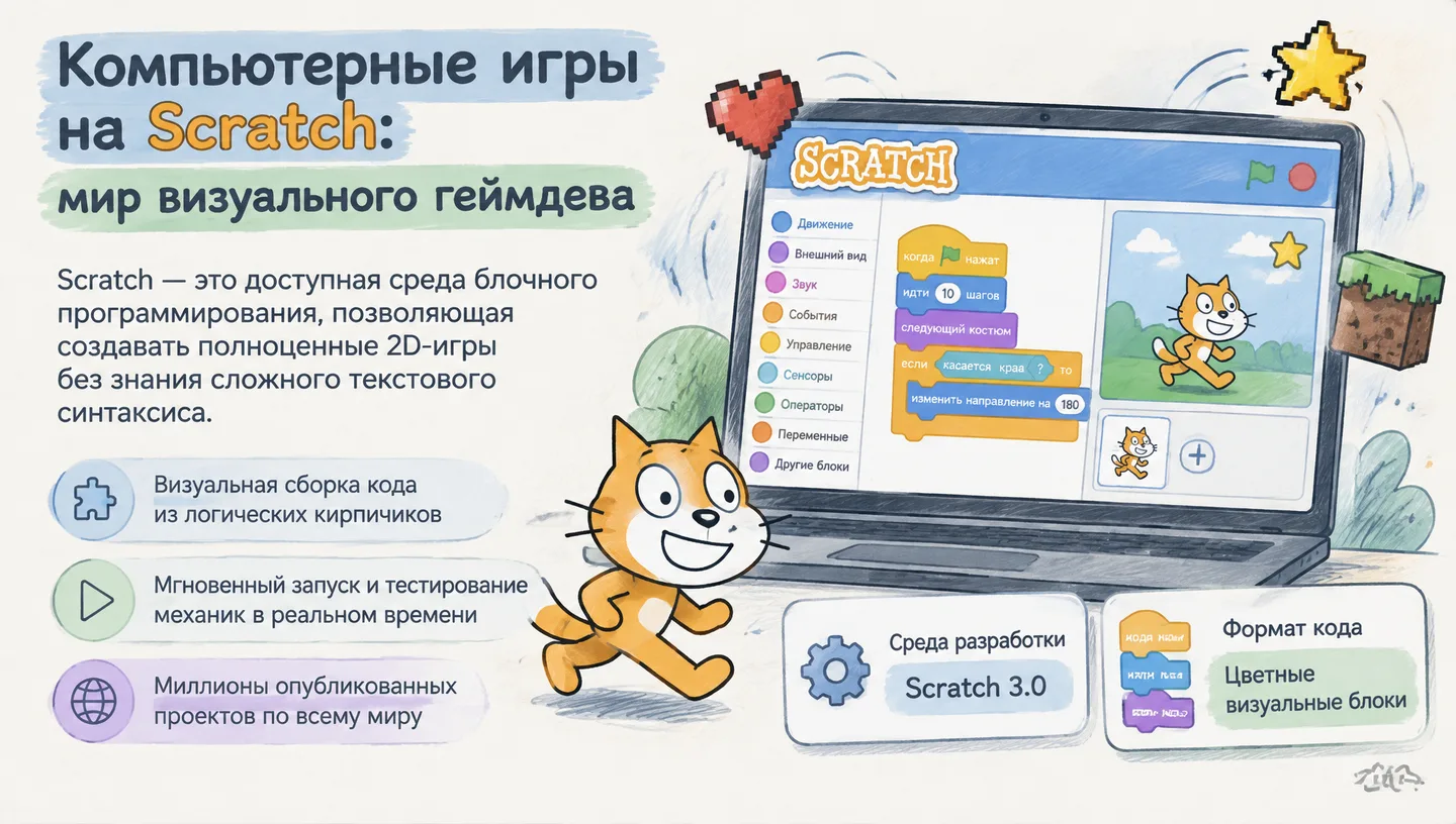 Первый слайд: Компьютерные игры на Scratch: мир визуального геймдева