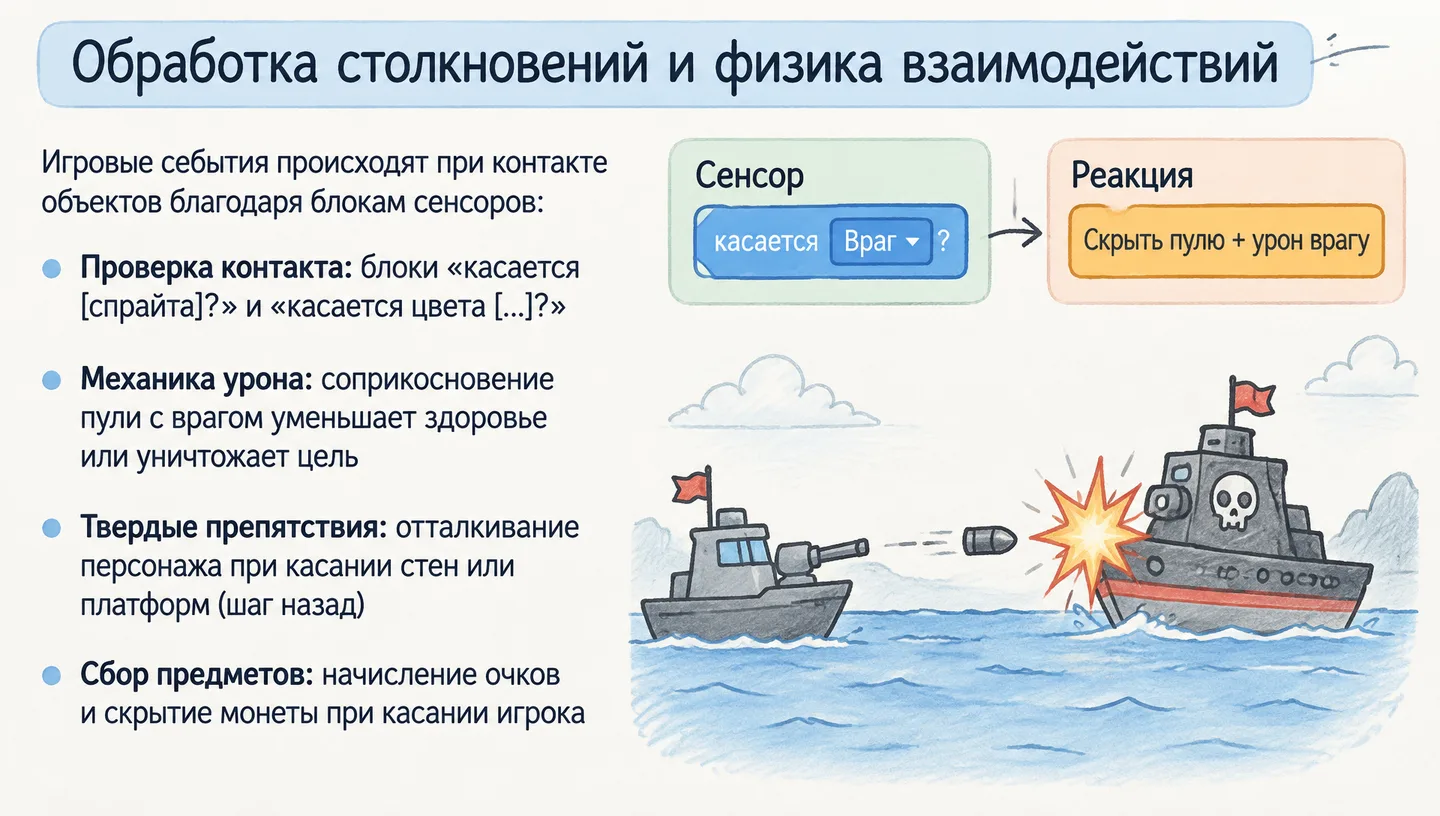 Обработка столкновений и физика взаимодействий