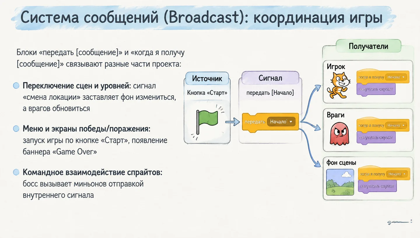 Система сообщений (Broadcast): координация игры