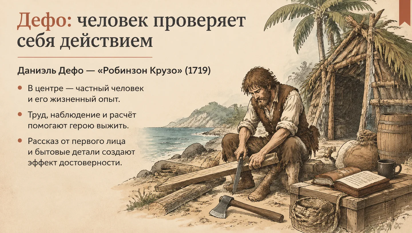 Дефо: человек проверяет себя действием