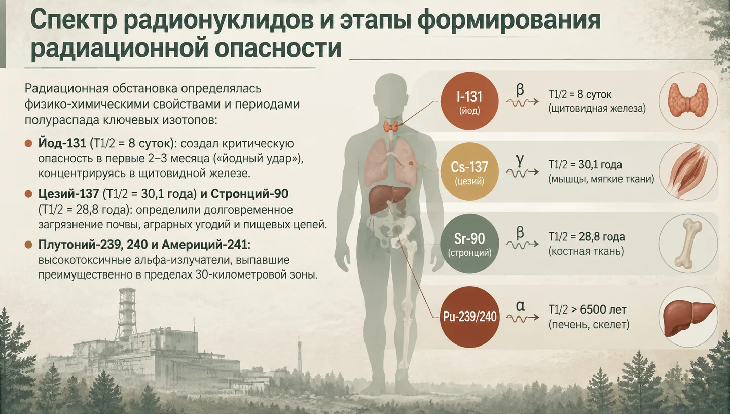 Спектр радионуклидов и этапы формирования радиационной опасности