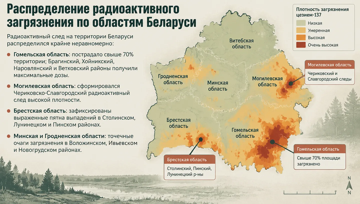 Распределение радиоактивного загрязнения по областям Беларуси