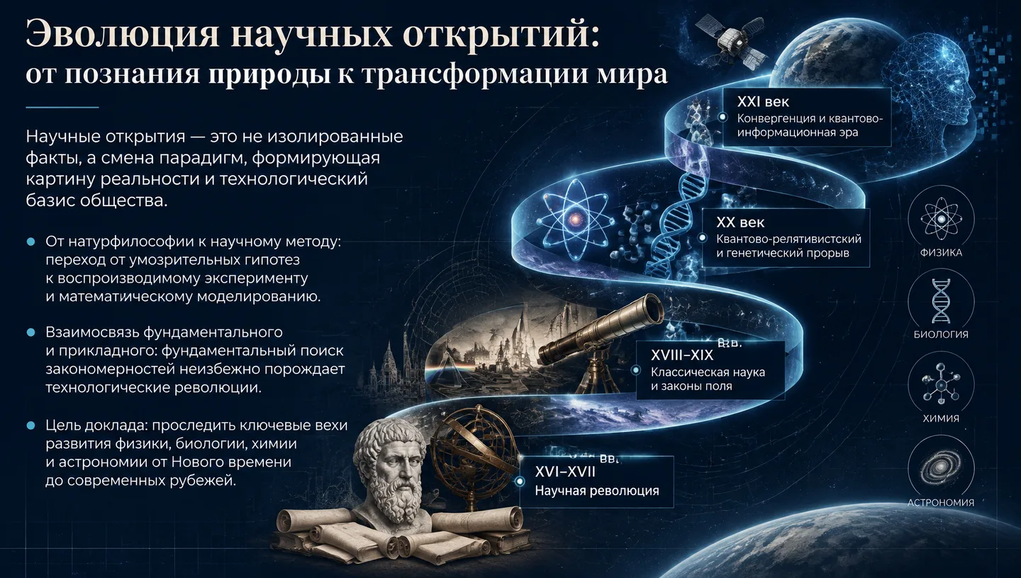 Первый слайд: Эволюция научных открытий: от познания природы к трансформации мира