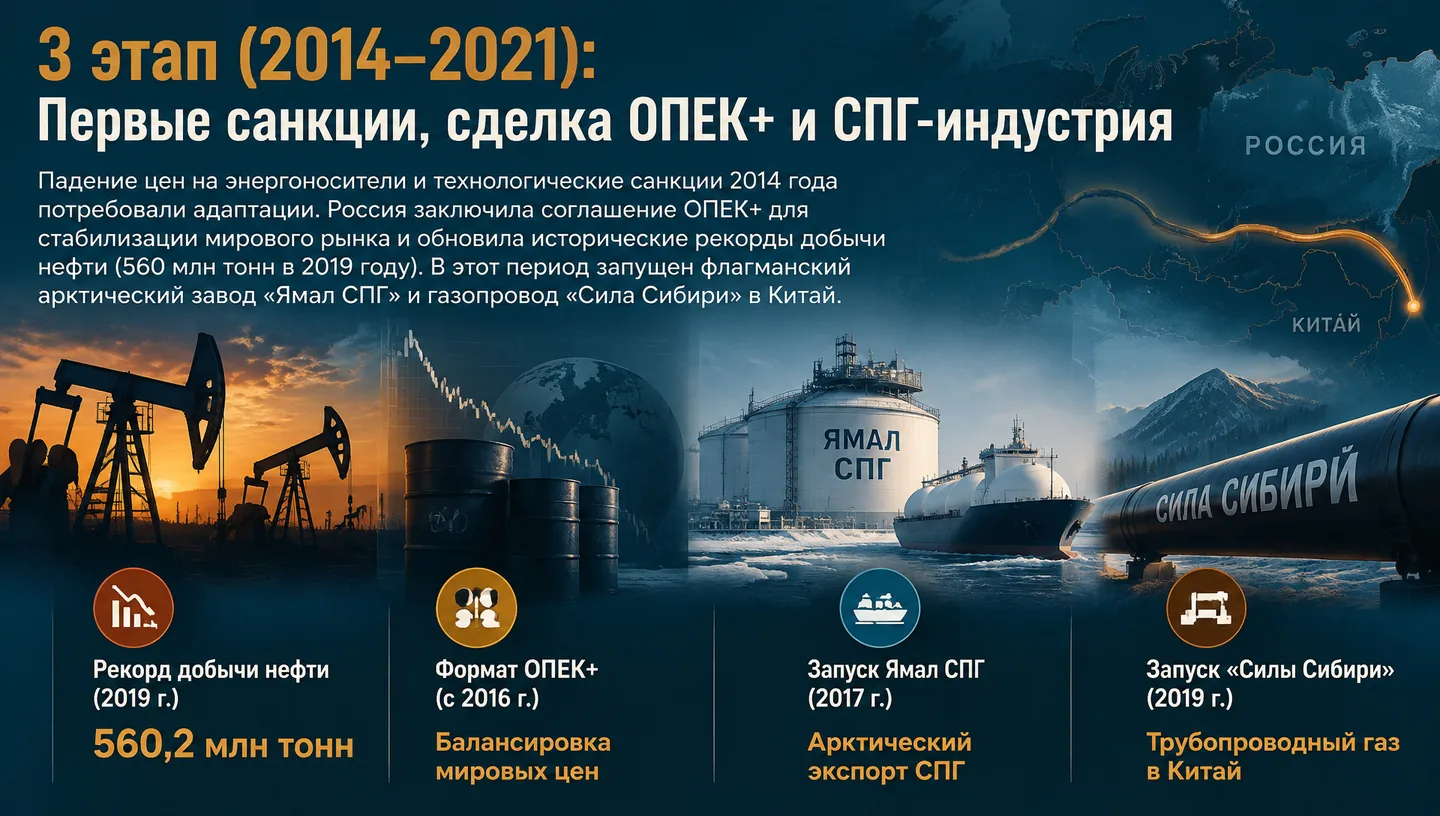 3 этап (2014–2021): Первые санкции, сделка ОПЕК+ и СПГ-индустрия