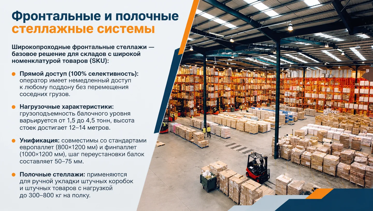 Фронтальные и полочные стеллажные системы
