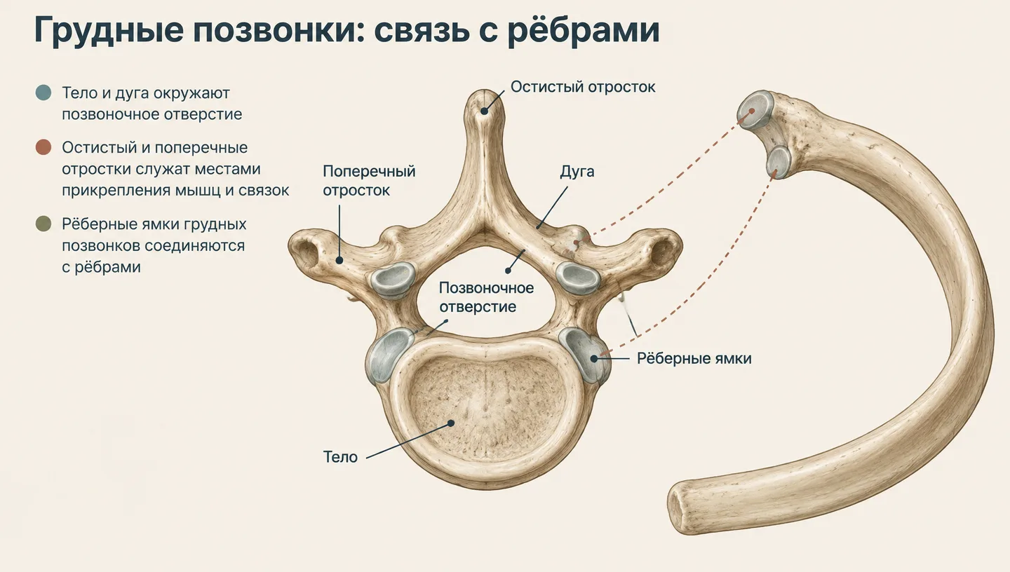 Грудные позвонки: связь с рёбрами