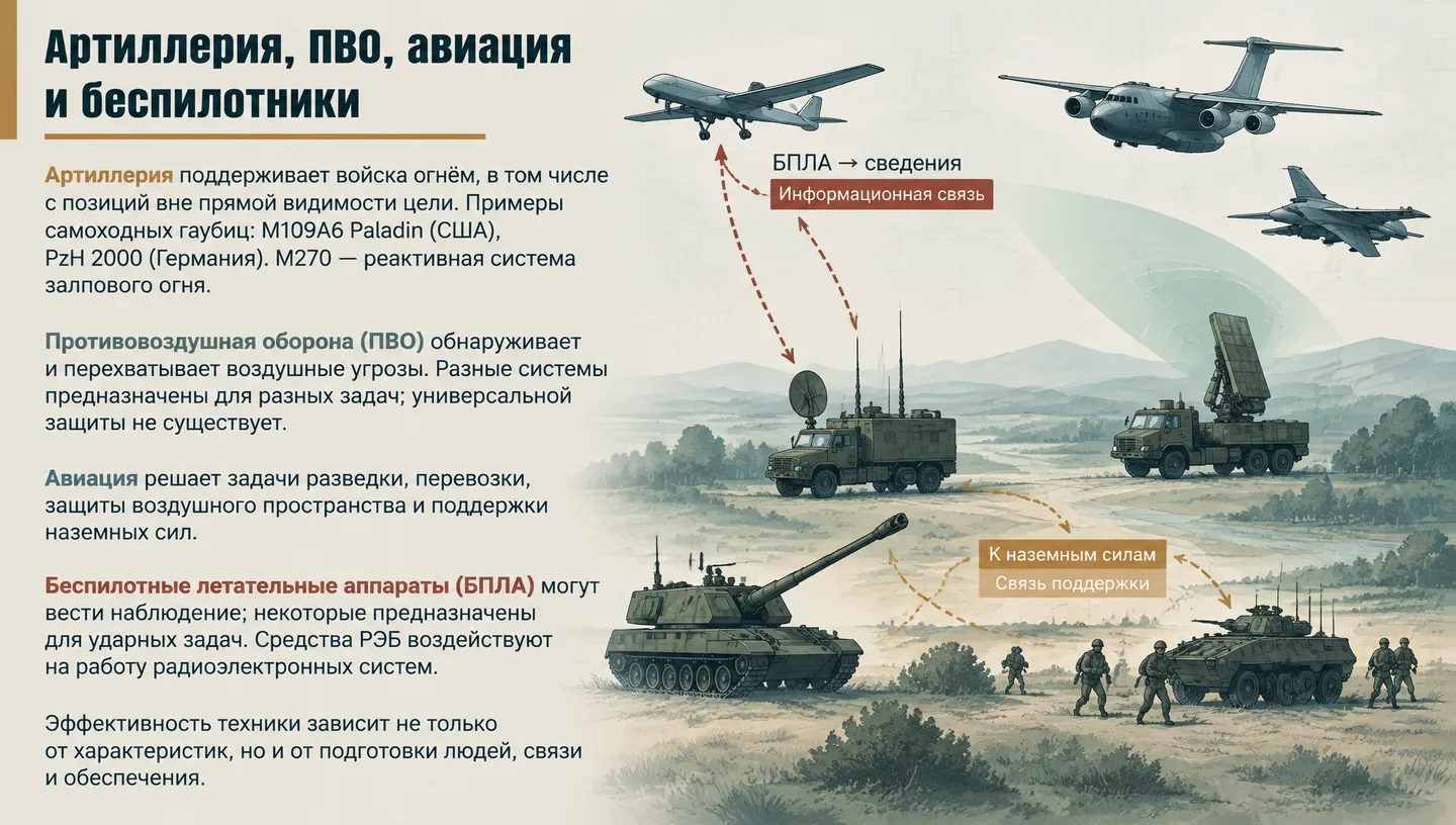 Артиллерия, ПВО, авиация и беспилотники