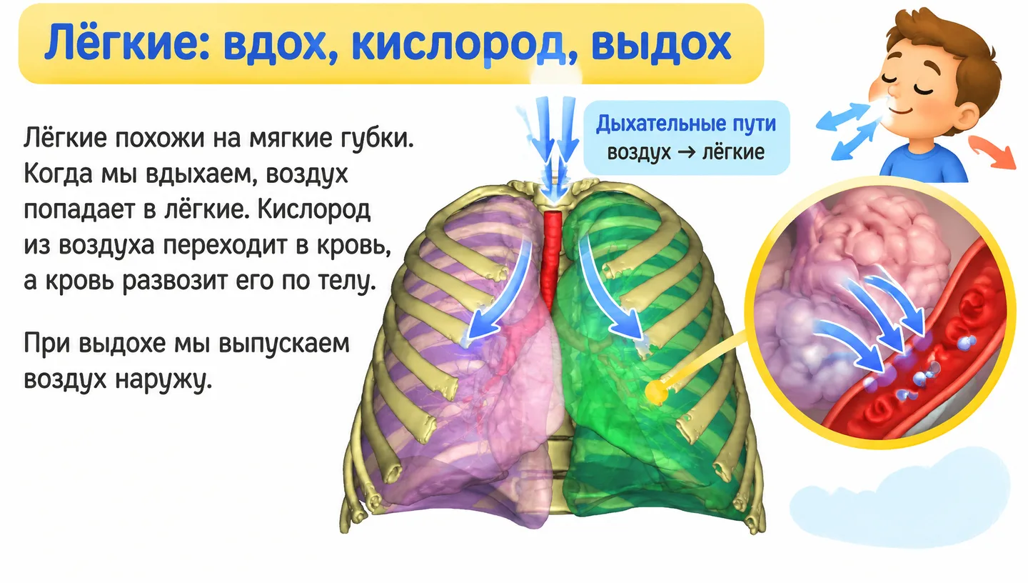 Лёгкие: вдох, кислород, выдох