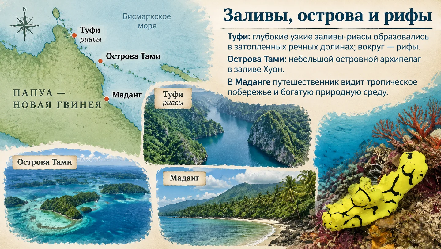 Заливы, острова и рифы