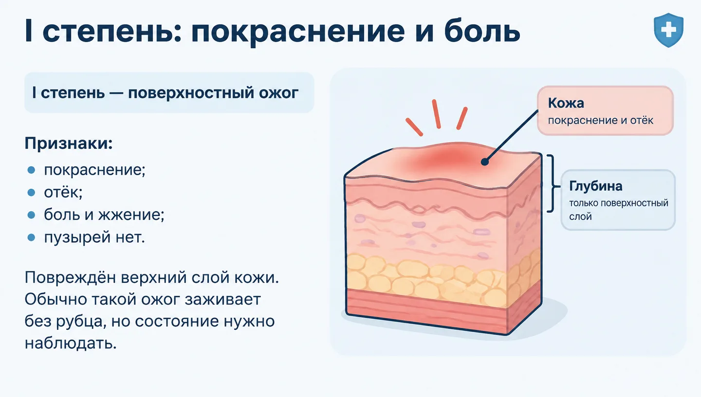 I степень: покраснение и боль