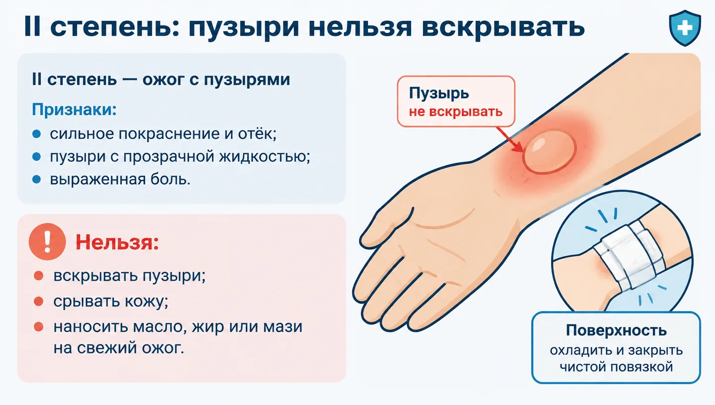 II степень: пузыри нельзя вскрывать