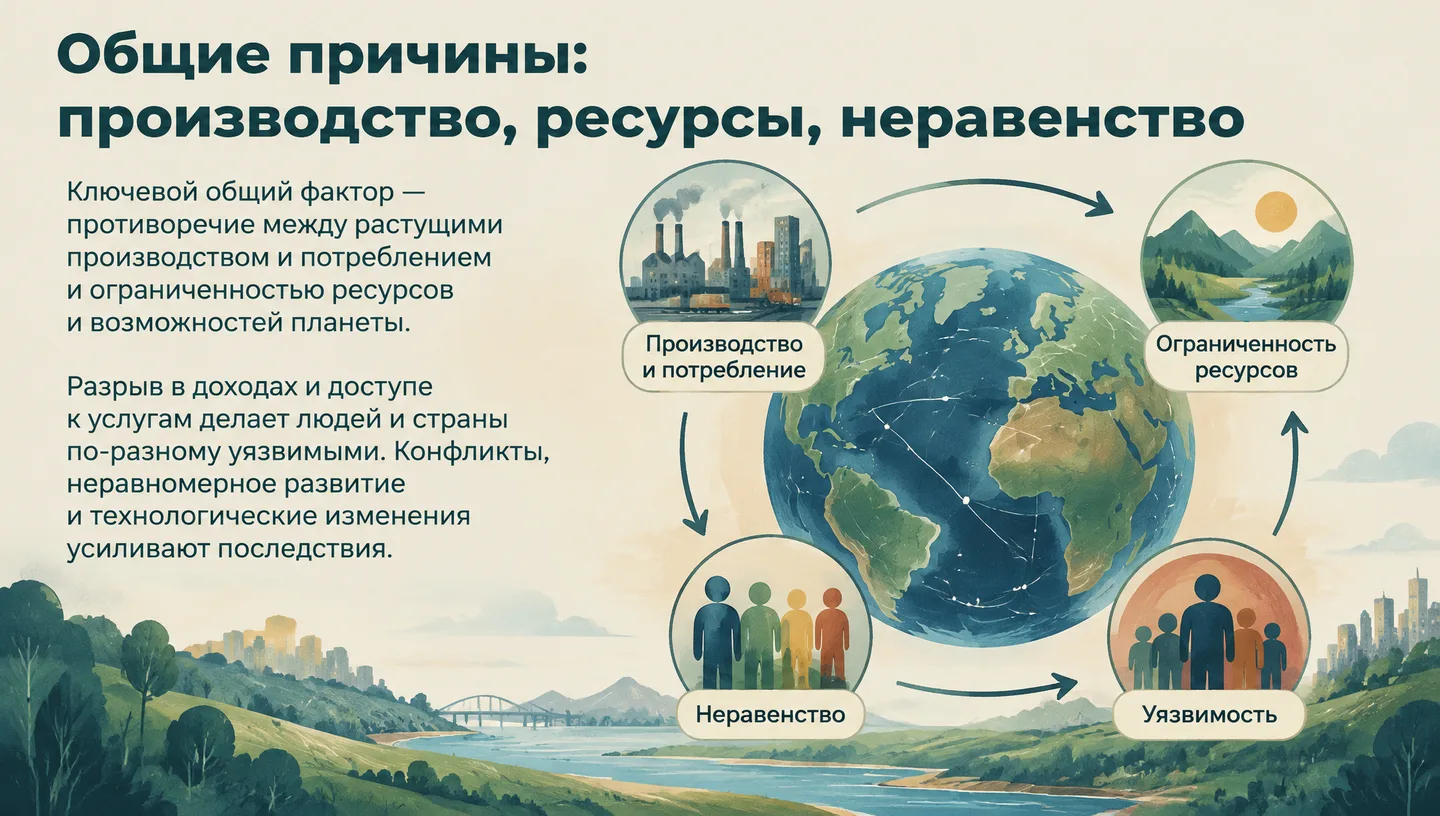 Общие причины: производство, ресурсы, неравенство