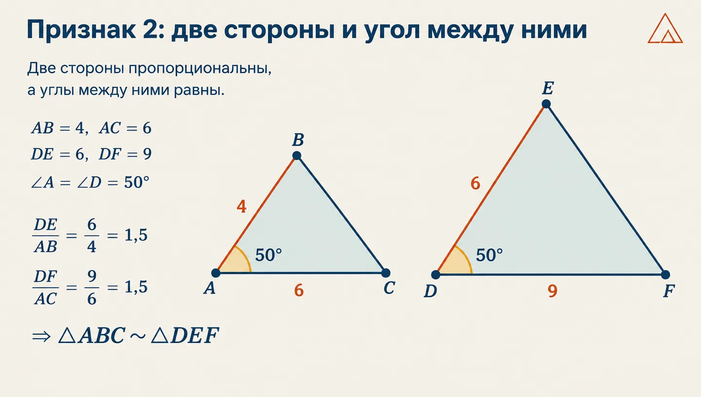 Признак 2: две стороны и угол между ними