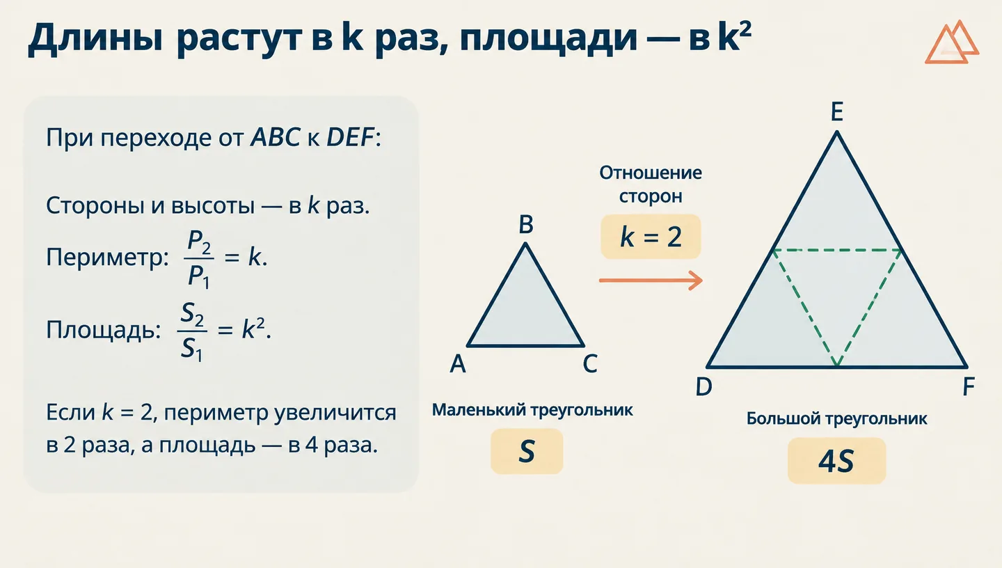 Длины растут в k раз, площади — в k²