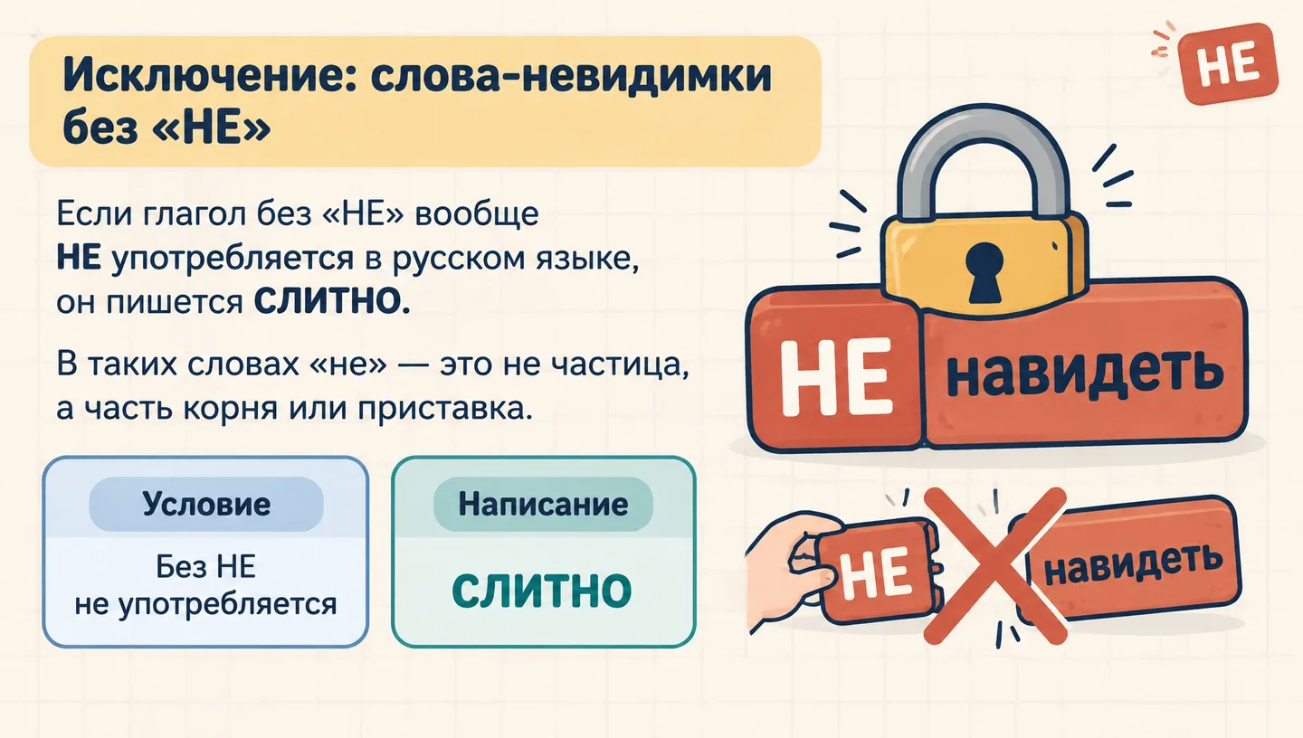 Исключение: слова-невидимки без «НЕ»