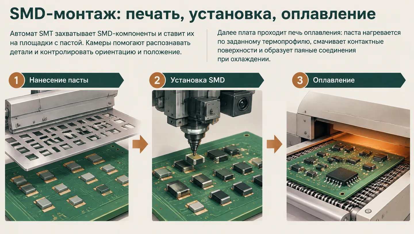 SMD-монтаж: печать, установка, оплавление