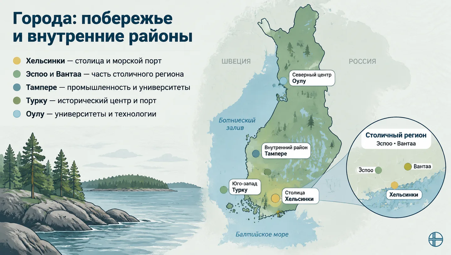 Города: побережье и внутренние районы