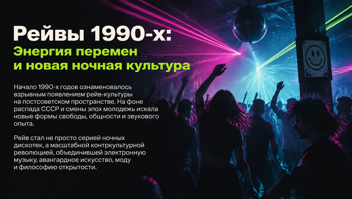Первый слайд: Рейвы 1990-х: Энергия перемен и новая ночная культура