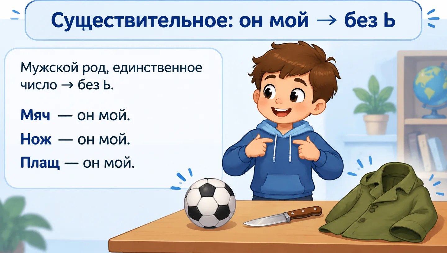 Существительное: он мой → без ь