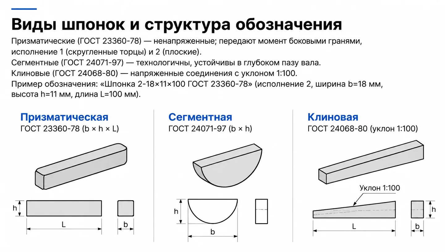 Виды шпонок и структура обозначения