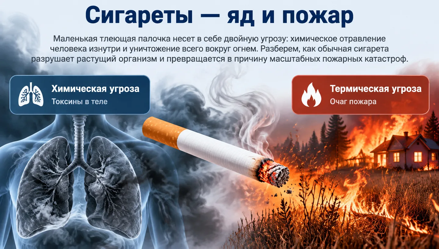 Первый слайд: Сигареты — яд и пожар