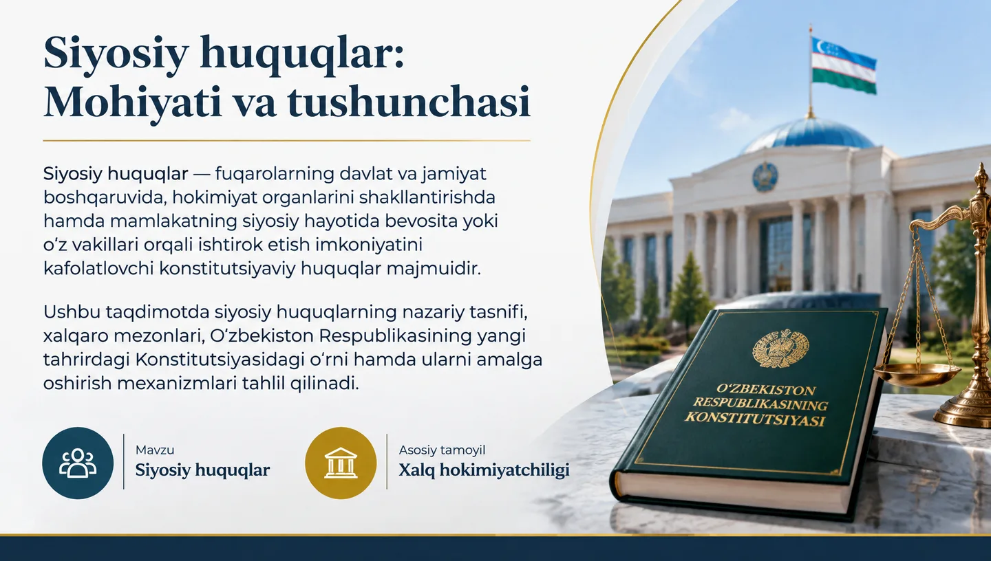 Первый слайд: Siyosiy huquqlar: Mohiyati va tushunchasi
