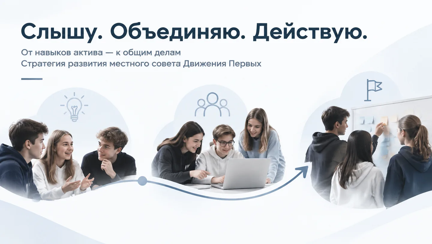 Первый слайд: Слышу. Объединяю. Действую.