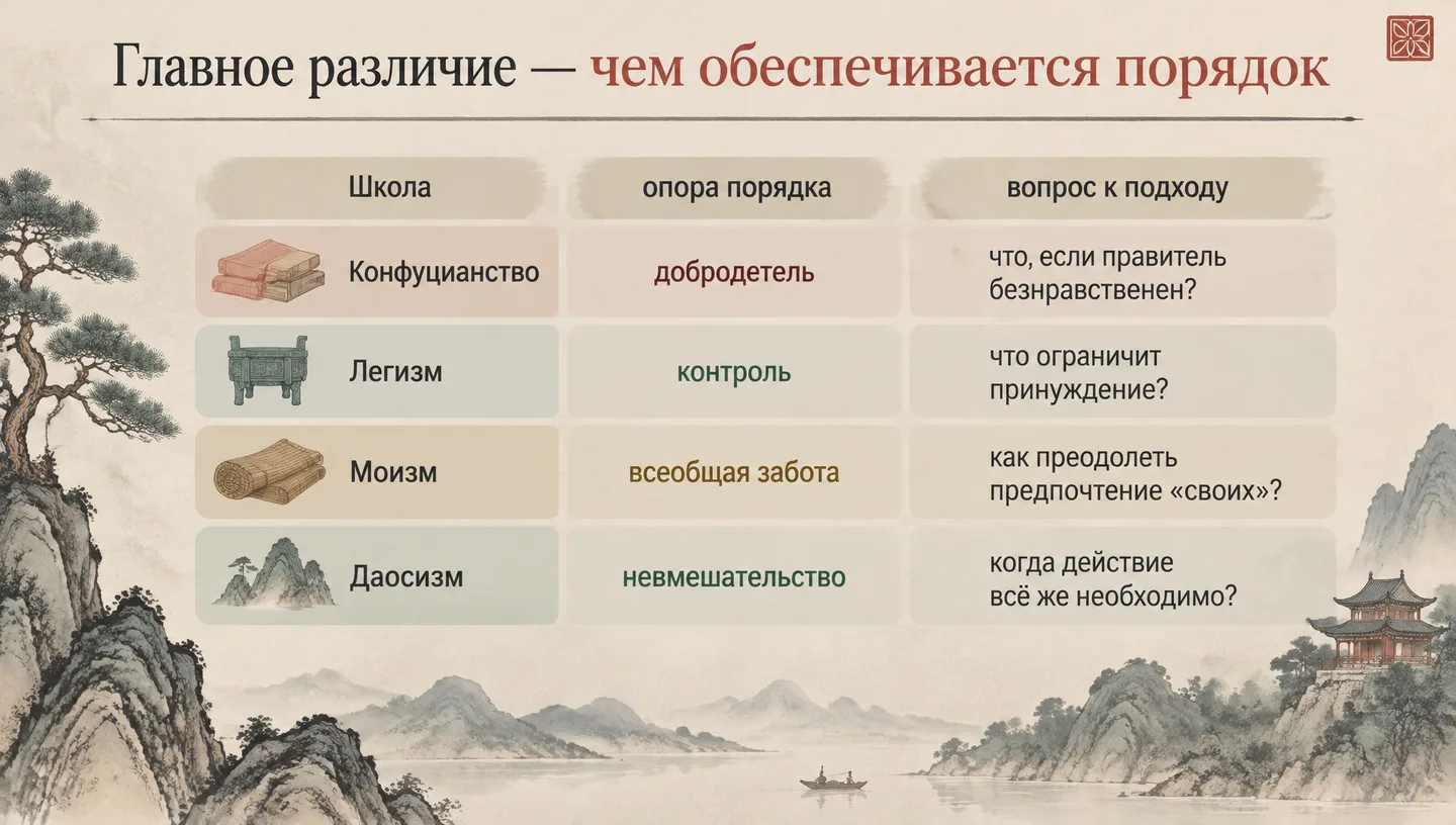 Главное различие — чем обеспечивается порядок