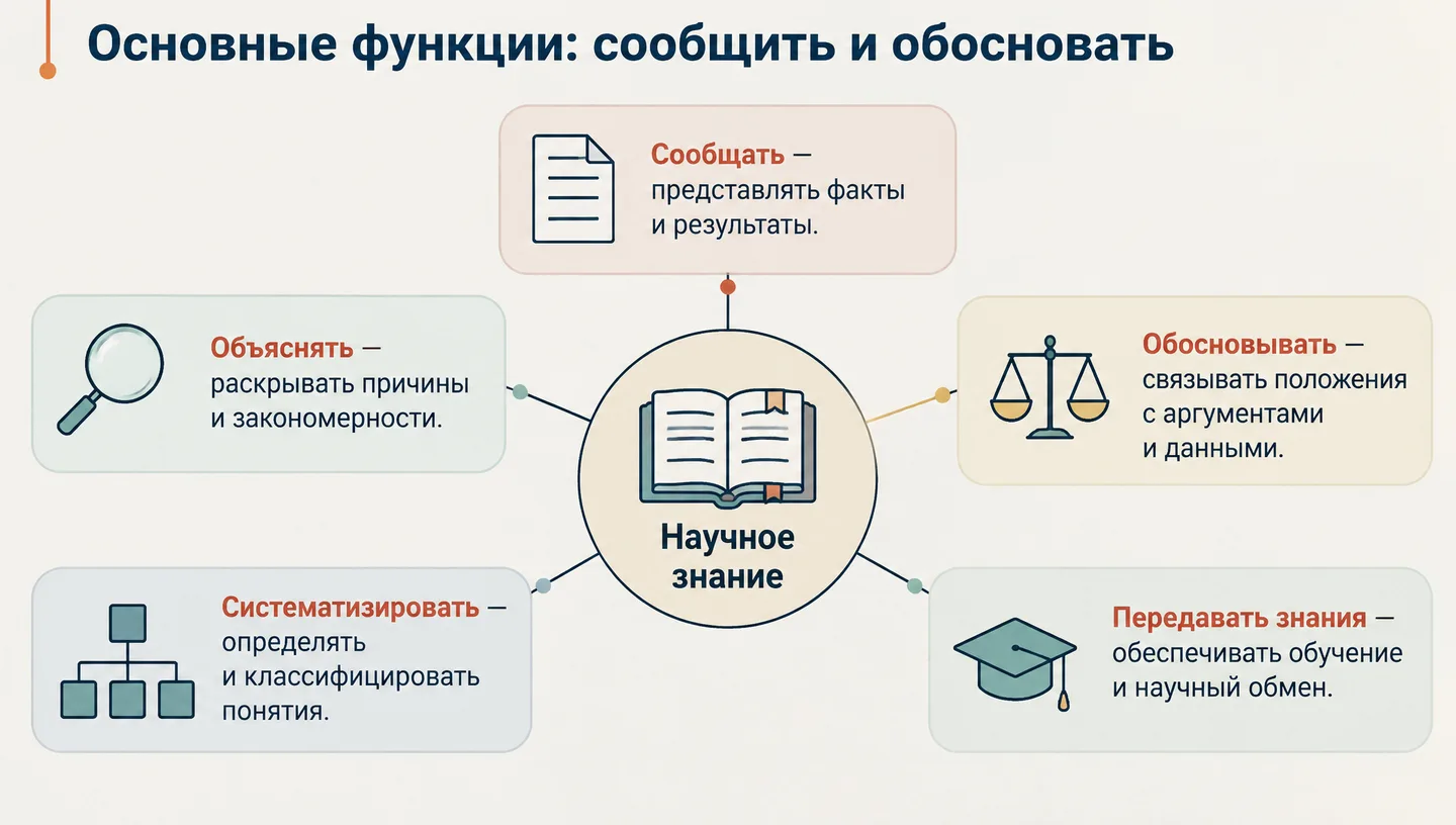 Основные функции: сообщить и обосновать