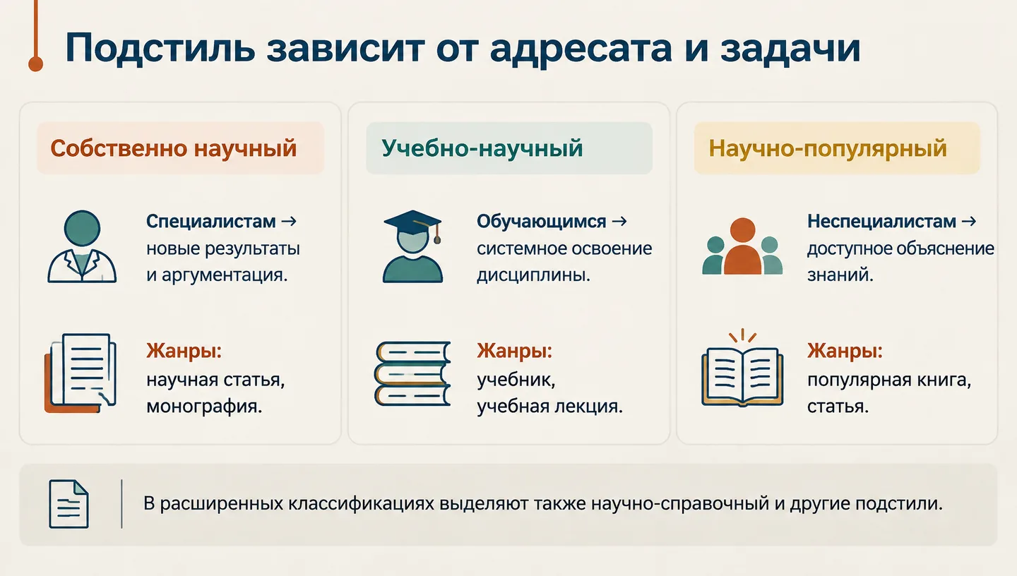 Подстиль зависит от адресата и задачи