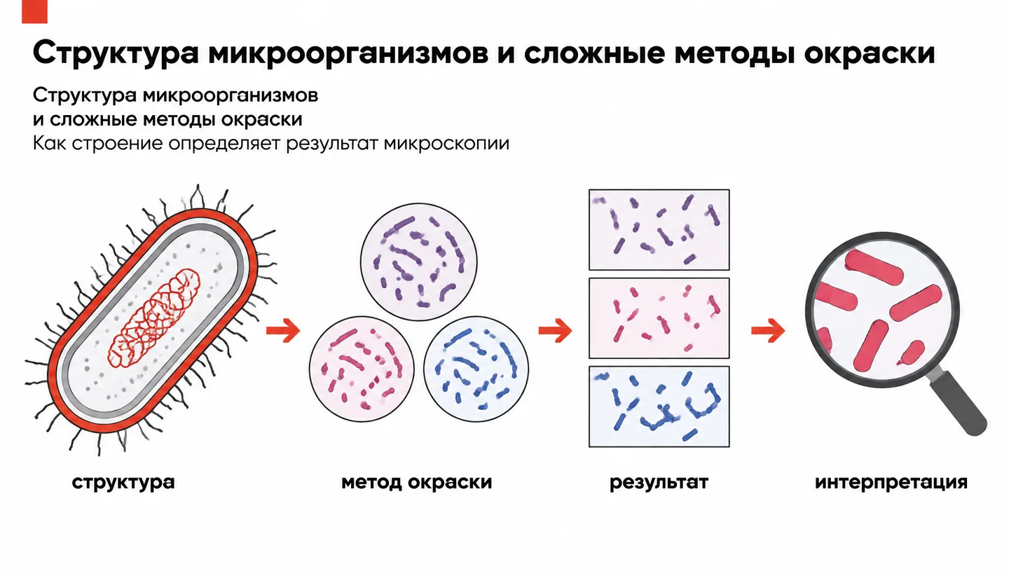 Первый слайд: Структура микроорганизмов и сложные методы окраски