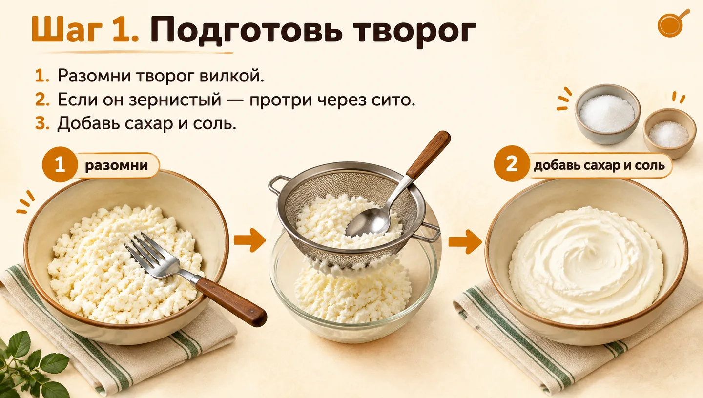 Шаг 1. Подготовь творог